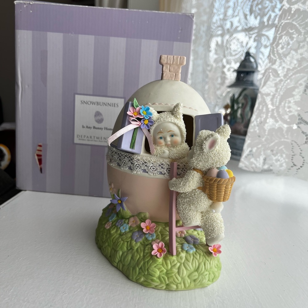 Snowbunnies Easter Egg Figurine “Is any bunny home?”